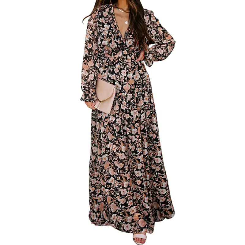 Women's V-Neck Loose Printed Long Sleeve Dress