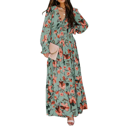 Women's V-Neck Loose Printed Long Sleeve Dress