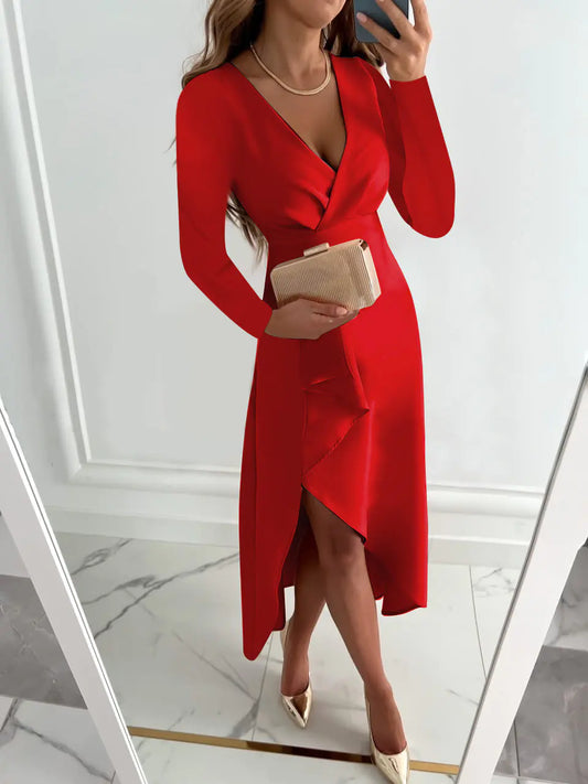 Women's Long-sleeved V-neck Pleated Split Dress