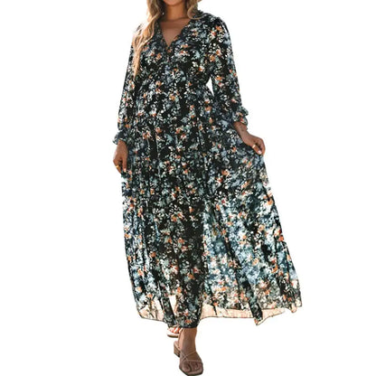 Women's V-Neck Loose Printed Long Sleeve Dress