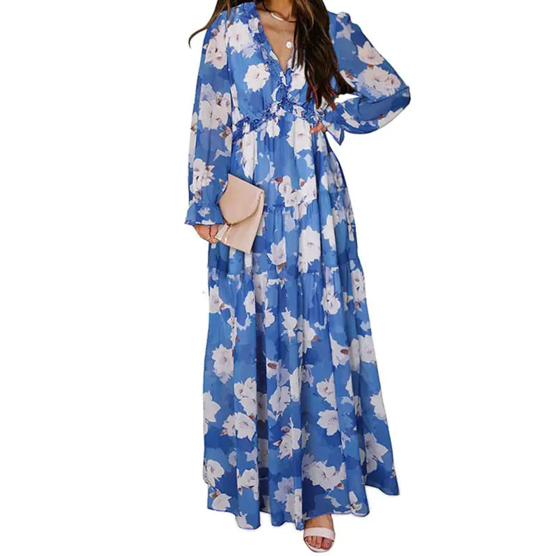 Women's V-Neck Loose Printed Long Sleeve Dress