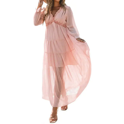 Women's V-Neck Loose Printed Long Sleeve Dress