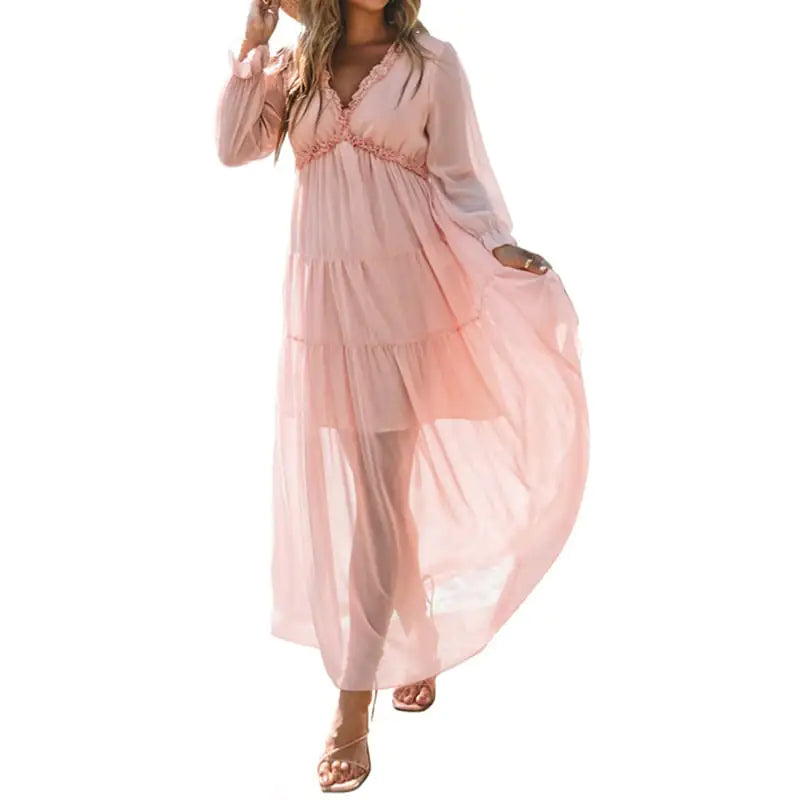 Women's V-Neck Loose Printed Long Sleeve Dress