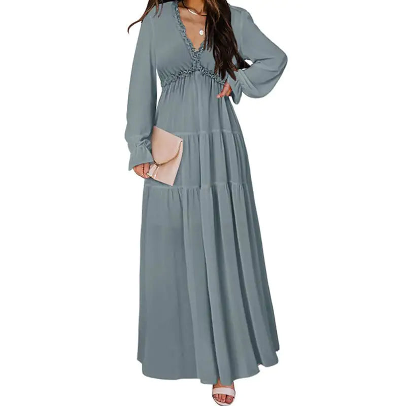 Women's V-Neck Loose Printed Long Sleeve Dress