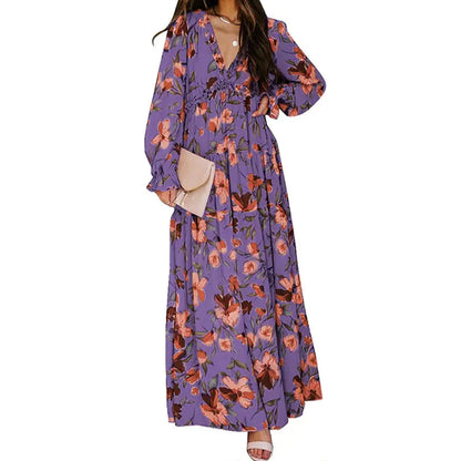 Women's V-Neck Loose Printed Long Sleeve Dress