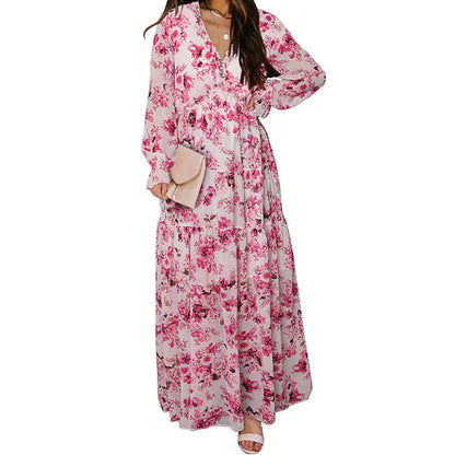 Women's V-Neck Loose Printed Long Sleeve Dress