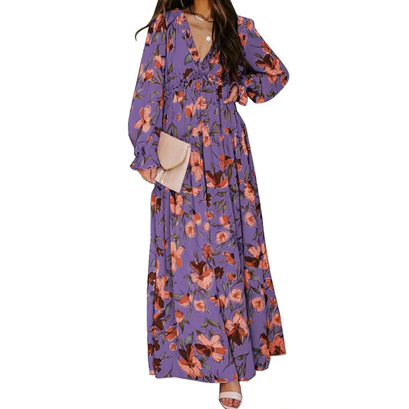 Women's V-Neck Loose Printed Long Sleeve Dress