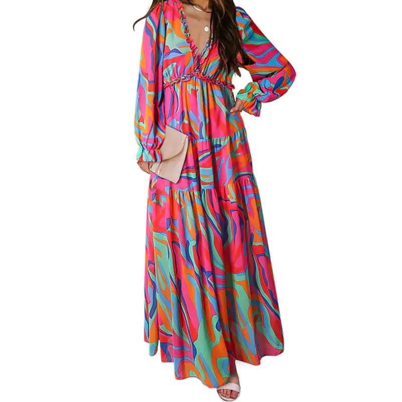 Women's V-Neck Loose Printed Long Sleeve Dress