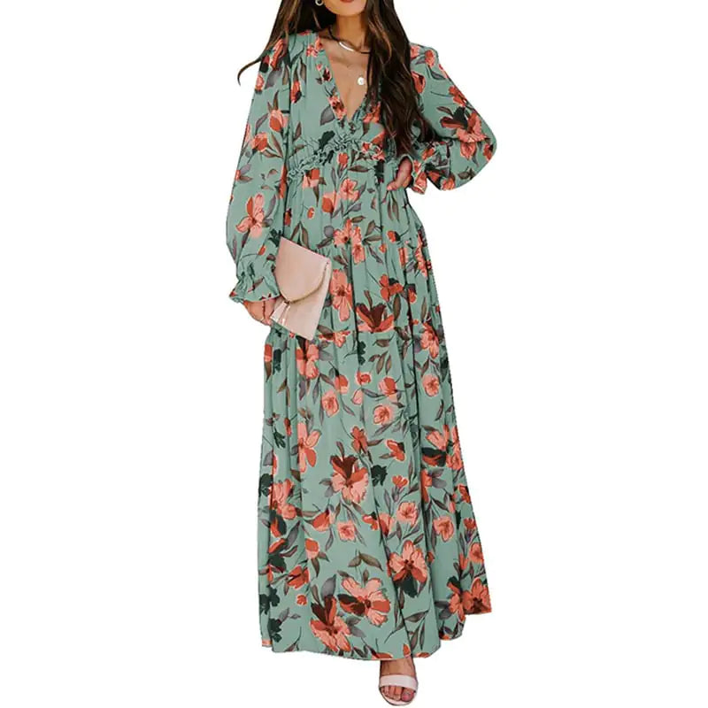 Women's V-Neck Loose Printed Long Sleeve Dress