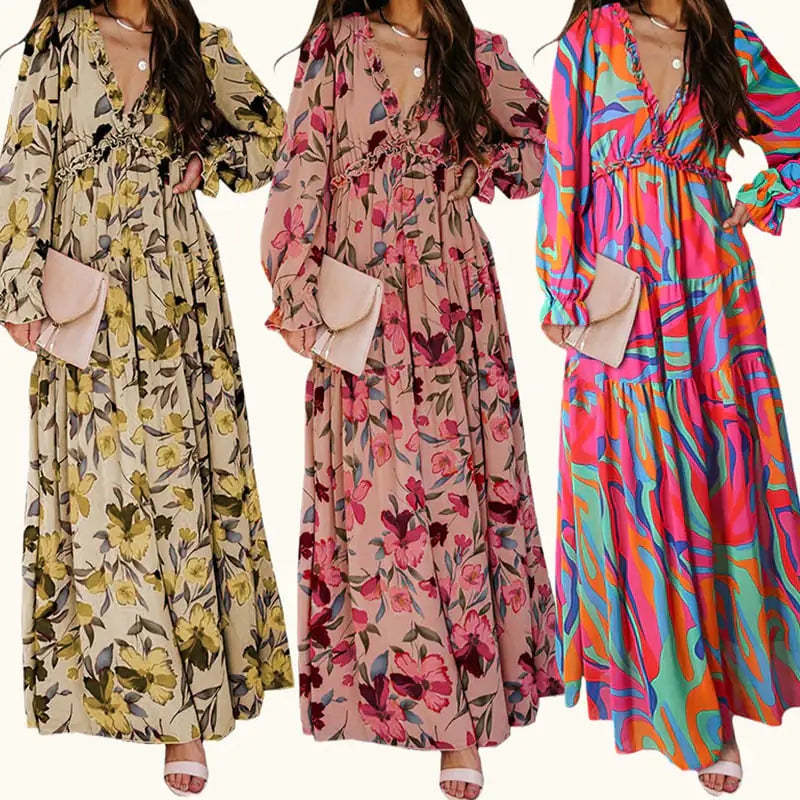 Women's V-Neck Loose Printed Long Sleeve Dress