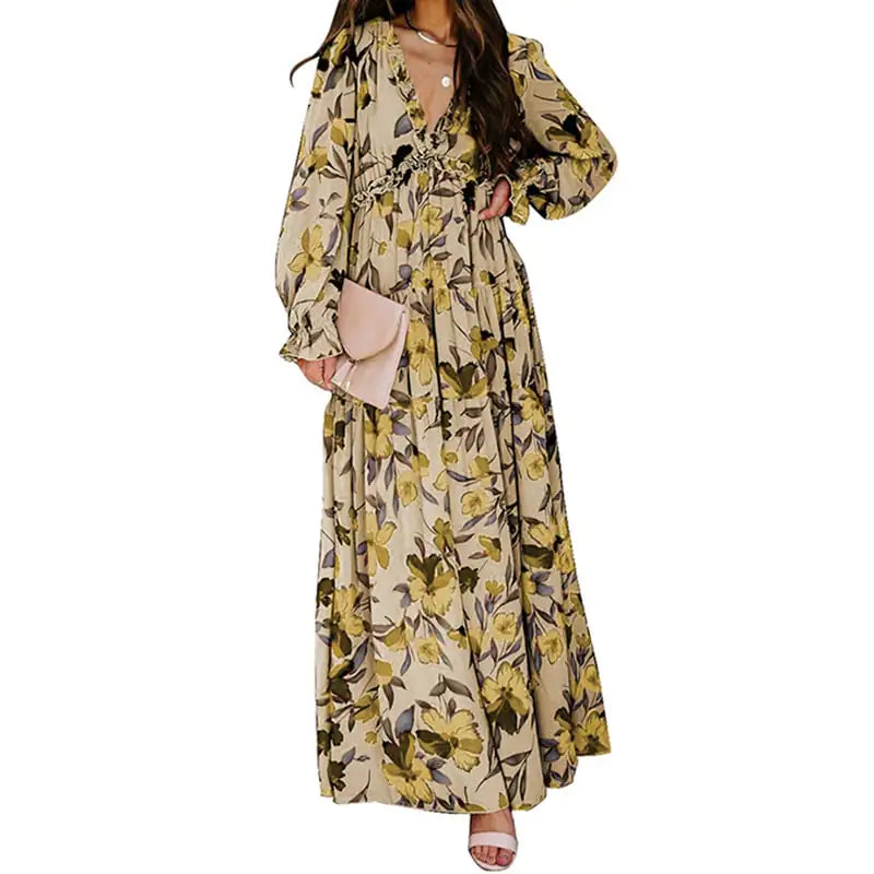 Women's V-Neck Loose Printed Long Sleeve Dress