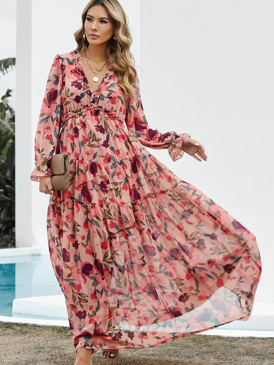 Women's V-Neck Loose Printed Long Sleeve Dress