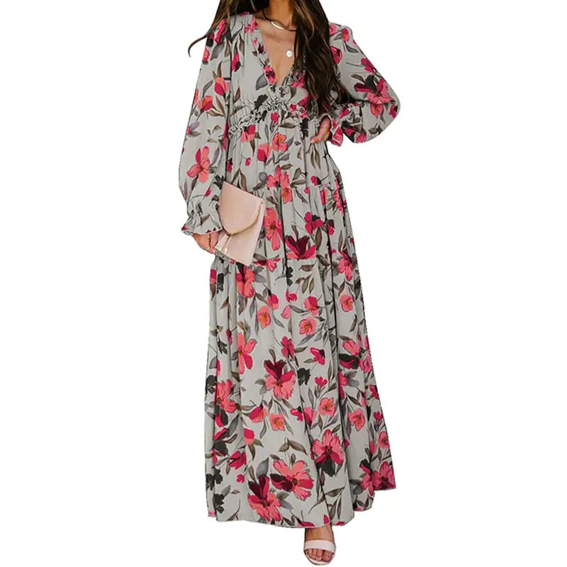 Women's V-Neck Loose Printed Long Sleeve Dress