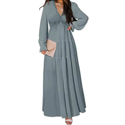 Women's V-Neck Loose Printed Long Sleeve Dress