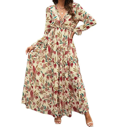 Women's V-Neck Loose Printed Long Sleeve Dress