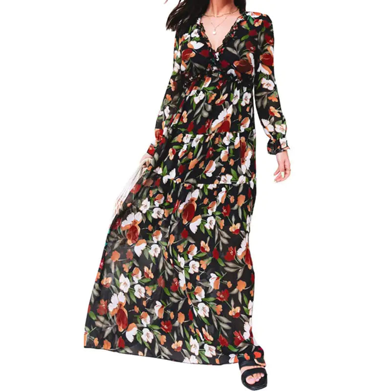 Women's V-Neck Loose Printed Long Sleeve Dress