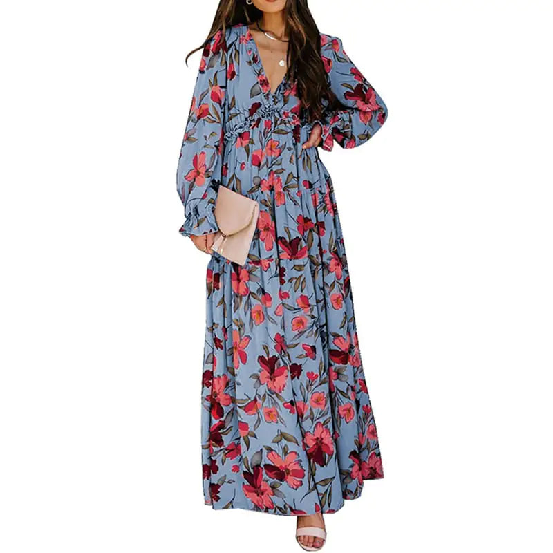 Women's V-Neck Loose Printed Long Sleeve Dress