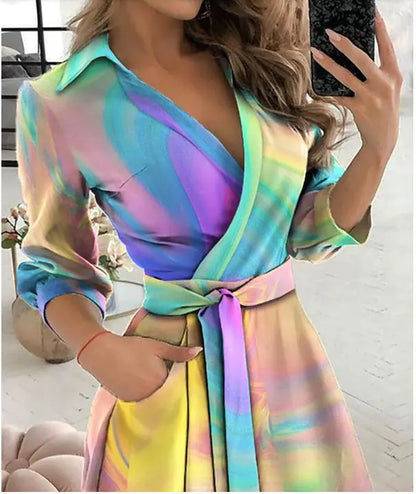 Women's Long Sleeve V-Neck Printed Fashion Dress