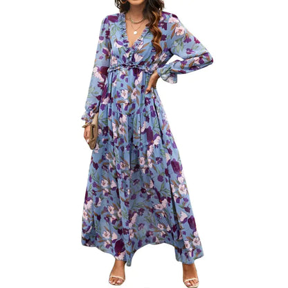 Women's V-Neck Loose Printed Long Sleeve Dress