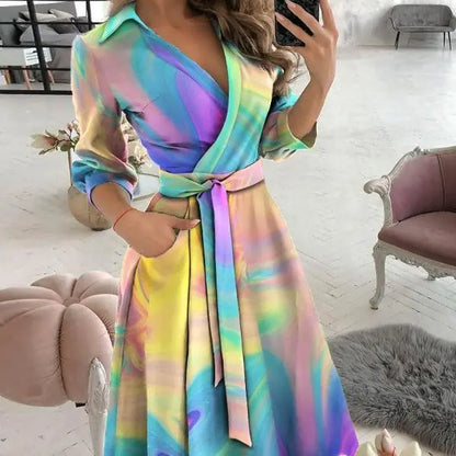 Women's Long Sleeve V-Neck Printed Fashion Dress